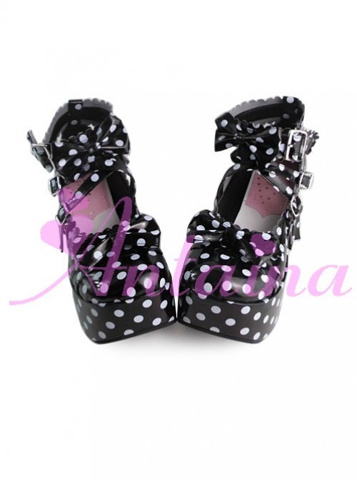 Black Bottom White Wave Point High Heel Bowknot Lolita Princess Shoes