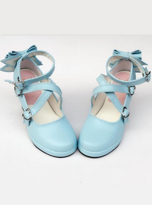 Blue Matt Cross Bandage High Heel Bowknot Lolita Princess Shoes