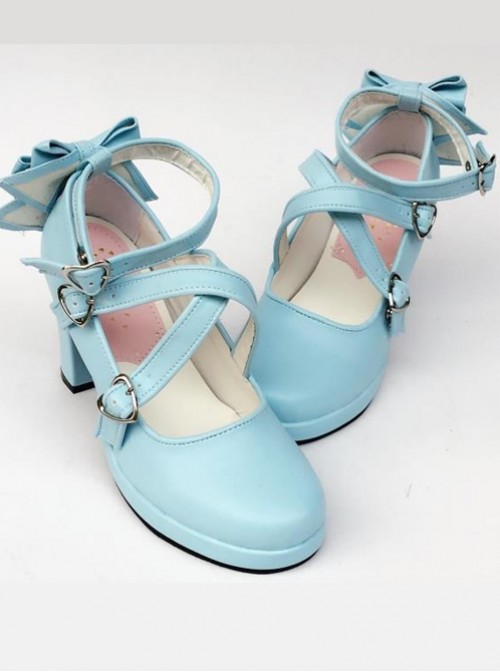 Blue Matt Cross Bandage High Heel Bowknot Lolita Princess Shoes
