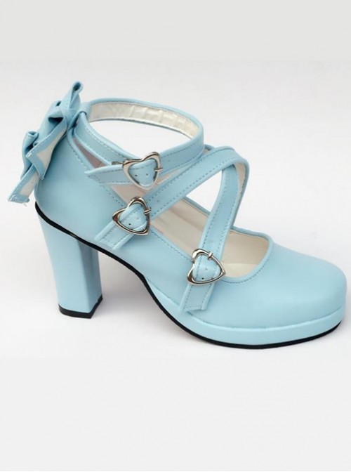 Blue Matt Cross Bandage High Heel Bowknot Lolita Princess Shoes