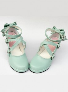 Mint Color Matt Cross Bandage High Heel Bowknot Lolita Princess Shoes