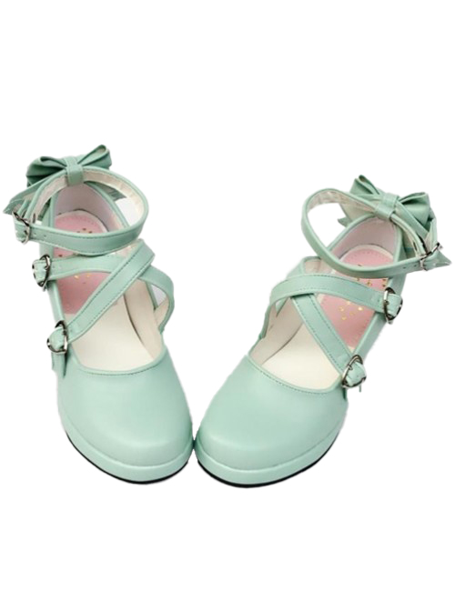 Mint Color Matt Cross Bandage High Heel Bowknot Lolita Princess Shoes