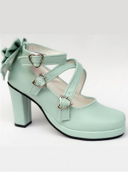 Mint Color Matt Cross Bandage High Heel Bowknot Lolita Princess Shoes