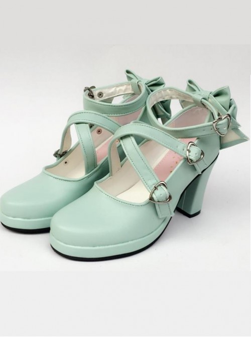 Mint Color Matt Cross Bandage High Heel Bowknot Lolita Princess Shoes