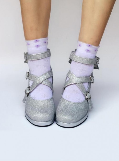 Silver Tiny Flicker Cross Bandage High Heel Bowknot Lolita Princess Shoes