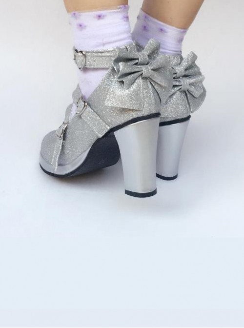 Silver Tiny Flicker Cross Bandage High Heel Bowknot Lolita Princess Shoes