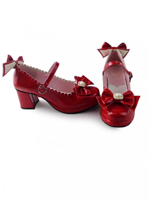 Red Mirror Face Bowknot Sweet Lolita Lovely Bride High Heel Shoes