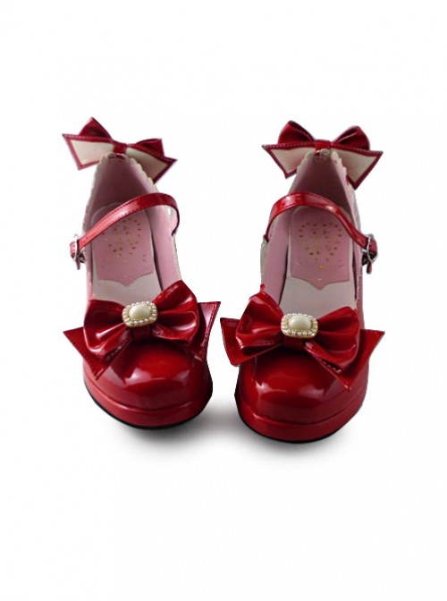 Red Mirror Face Bowknot Sweet Lolita Lovely Bride High Heel Shoes