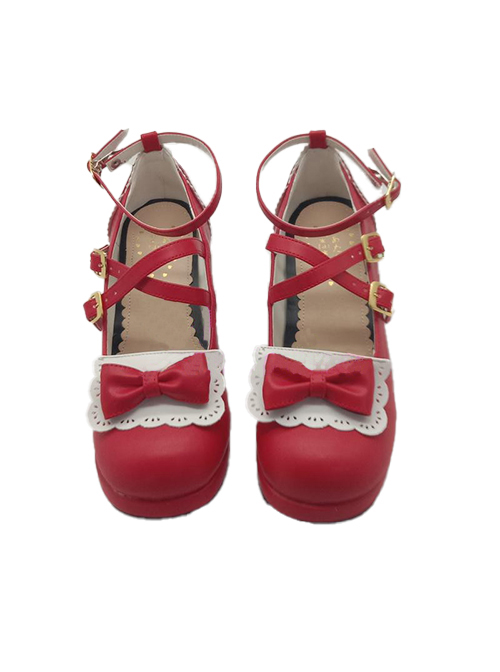 Cute Girls Red Matte Bowknot Clip Sweet Lolita High Heel Shoes