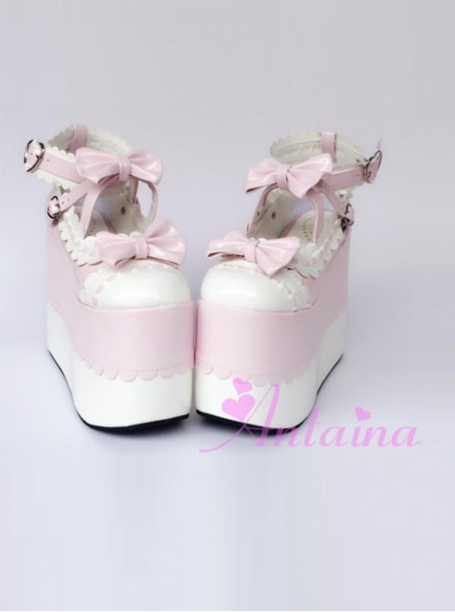 White Lace Pink Bowknot Super High Heel Lolita Platform Shoes