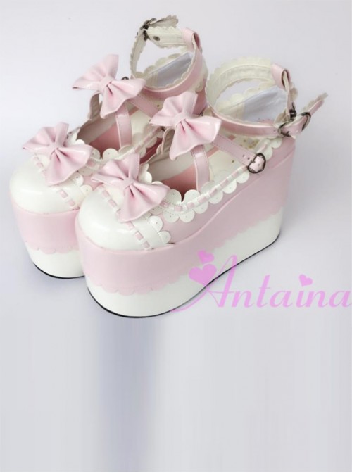 White Lace Pink Bowknot Super High Heel Lolita Platform Shoes