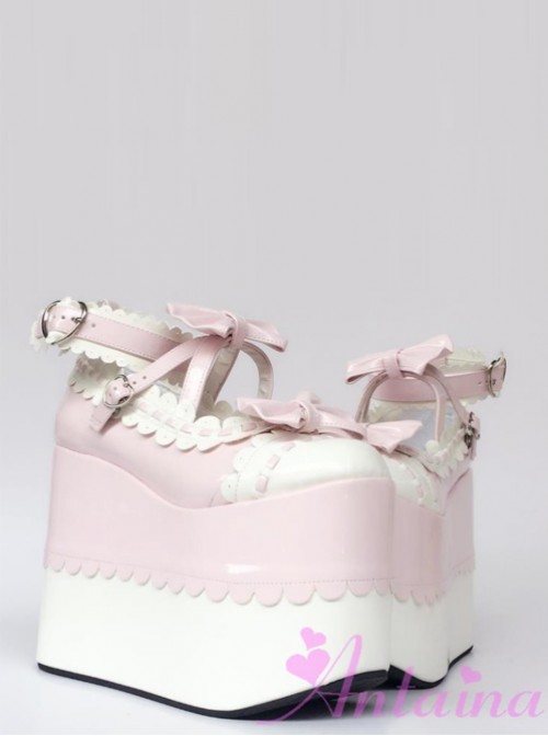 White Lace Pink Bowknot Super High Heel Lolita Platform Shoes