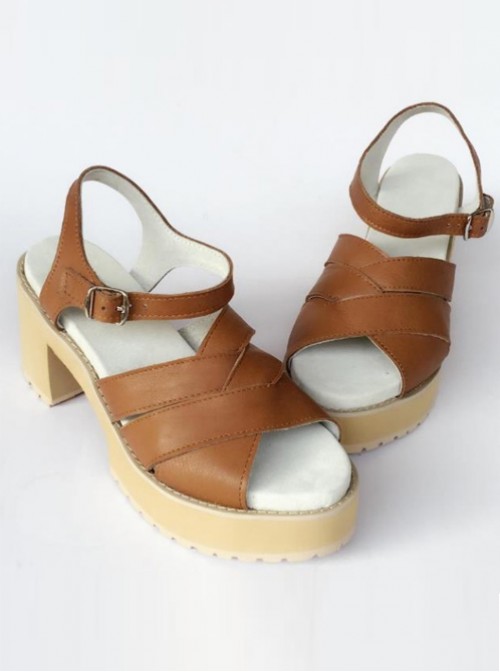 Comfortable Brown Leather Daily High Heel Sandals