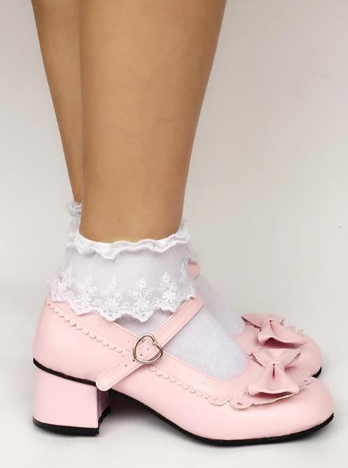 Sweet Lace Bowknot Pink Matte Lolita High Heel Shoes