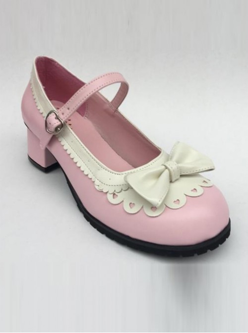 Sweet Lace Bowknot Pink Matte Lolita High Heel Shoes