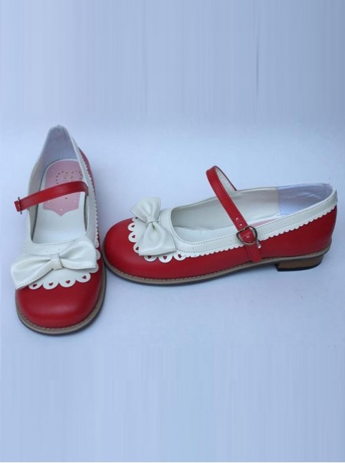 Sweet Lace Bowknot Wine Red And White Lolita High Heel Shoes
