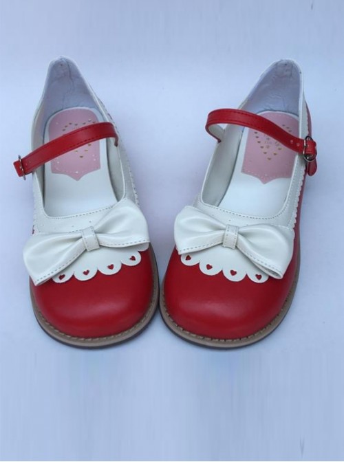 Sweet Lace Bowknot Wine Red And White Lolita High Heel Shoes