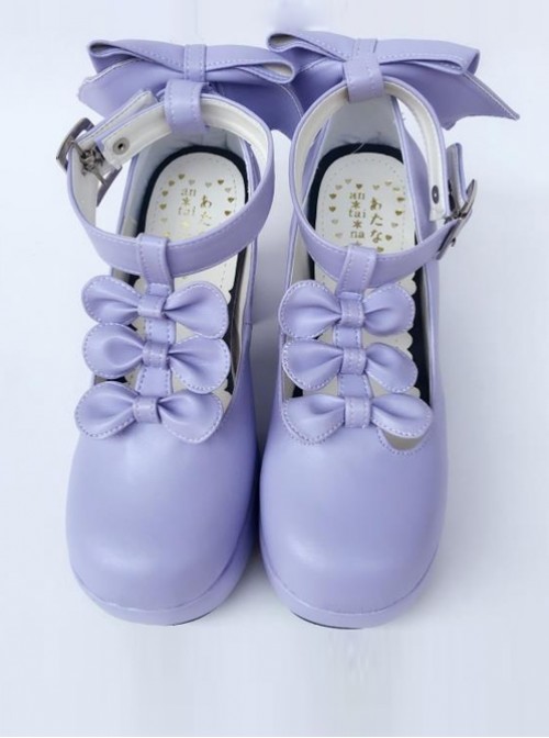 Purple Matte Bowknot T-shaped Belt Sweet Lolita High Heel Shoes