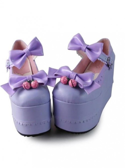 Purple Bowknot Mirror Face Strawberry Bell Super High Heel Lolita Platform Shoes