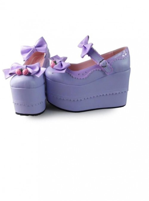 Purple Bowknot Mirror Face Strawberry Bell Super High Heel Lolita Platform Shoes