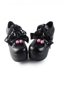 Black Bowknot Mirror Face Strawberry Bell Lolita Lace-up Platform Shoes