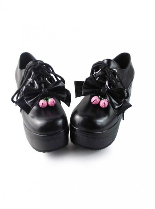 Black Bowknot Mirror Face Strawberry Bell Lolita Lace-up Platform Shoes