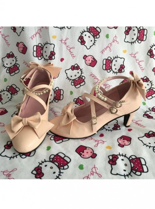 Pearl Strand Pink Bowknot Matte Lolita High Heel Shoes