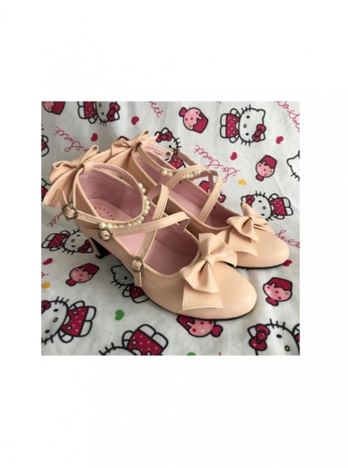 Pearl Strand Pink Bowknot Matte Lolita High Heel Shoes