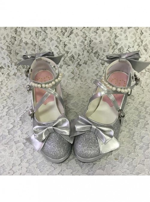 Pearl Strand Silver Flash Bowknot Matte Lolita High Heel Shoes