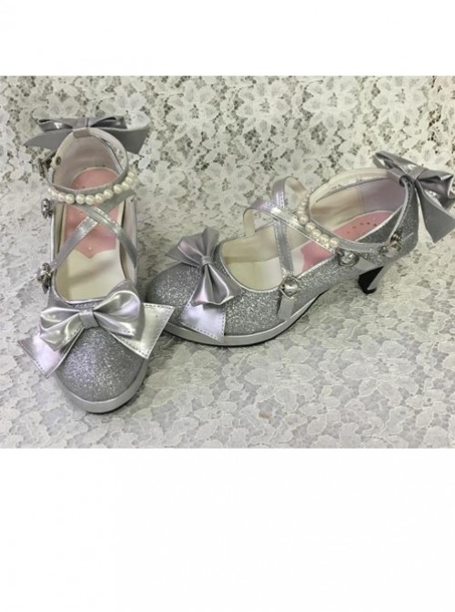 Pearl Strand Silver Flash Bowknot Matte Lolita High Heel Shoes
