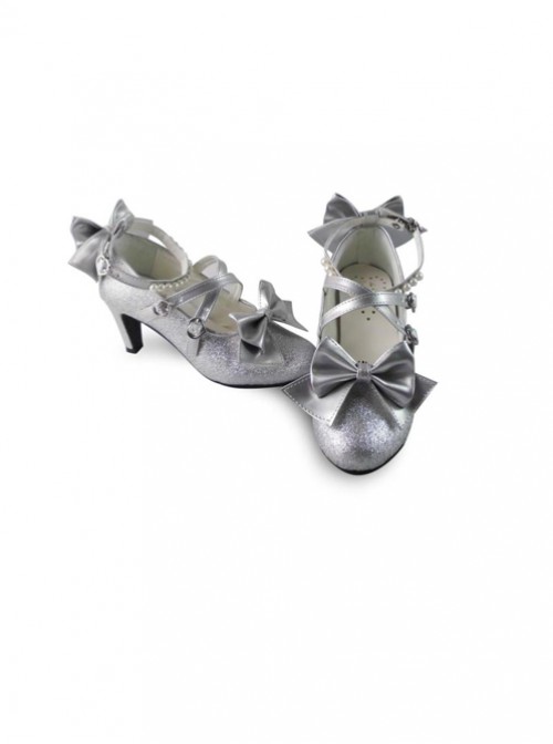 Pearl Strand Silver Flash Bowknot Matte Lolita High Heel Shoes