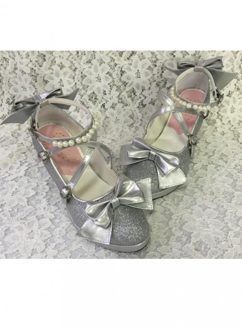 Pearl Strand Silver Flash Bowknot Matte Lolita High Heel Shoes