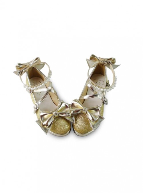 Pearl Strand Gold Flash Bowknot Matte Lolita High Heel Shoes