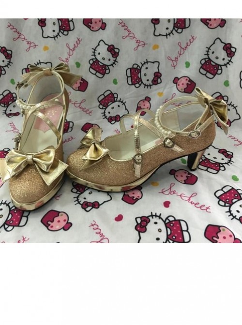 Pearl Strand Gold Flash Bowknot Matte Lolita High Heel Shoes