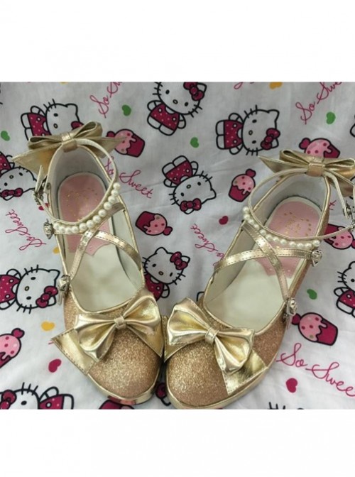 Pearl Strand Gold Flash Bowknot Matte Lolita High Heel Shoes