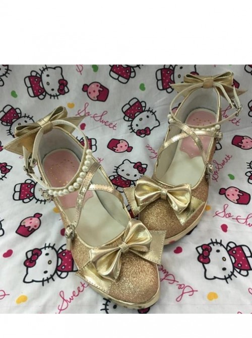 Pearl Strand Gold Flash Bowknot Matte Lolita High Heel Shoes