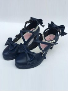 Pearl Strand Navy Blue Bowknot Matte Lolita High Heel Shoes