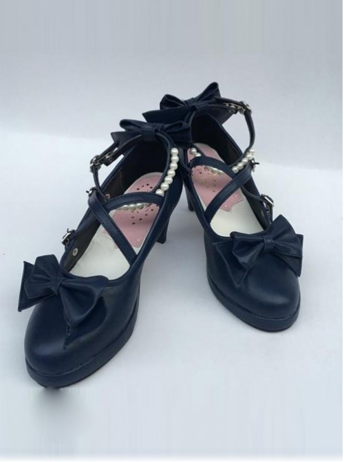 Pearl Strand Navy Blue Bowknot Matte Lolita High Heel Shoes