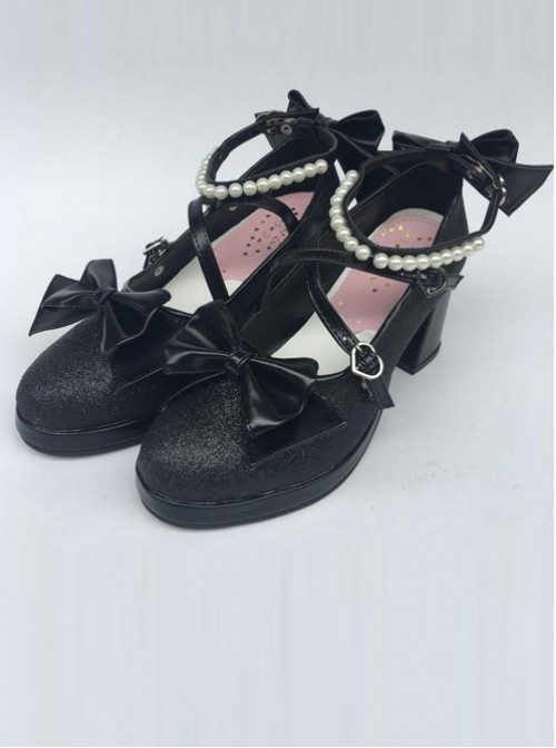 Pearl Strand Black Matte Bowknot Lolita High Heel Shoes