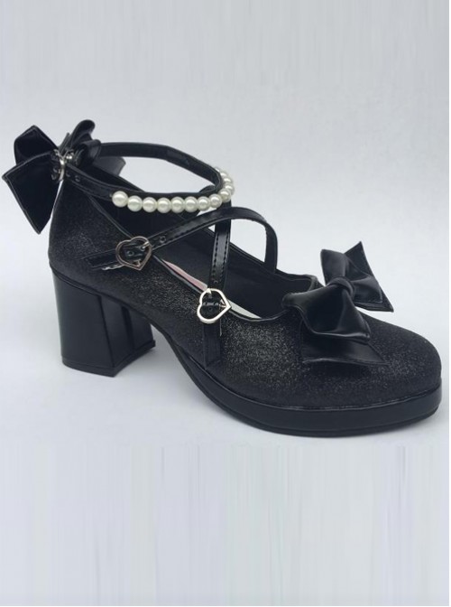 Pearl Strand Black Matte Bowknot Lolita High Heel Shoes