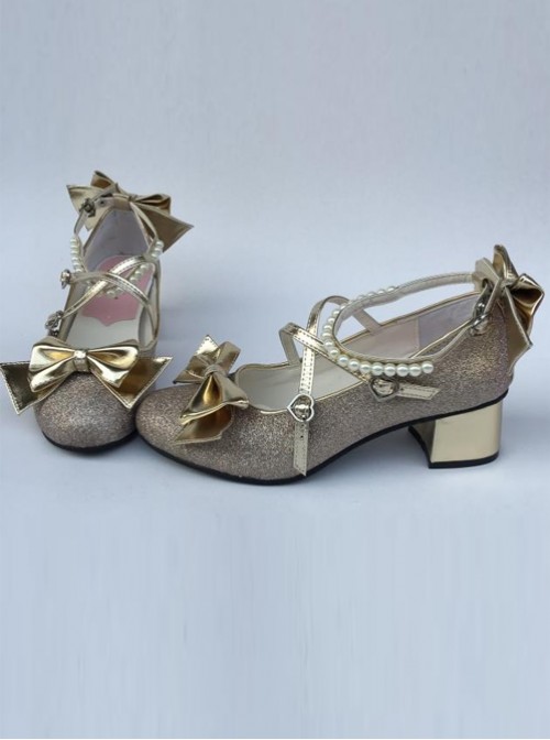 Pearl Strand Pale Gold Bowknot Lolita High Heel Shoes