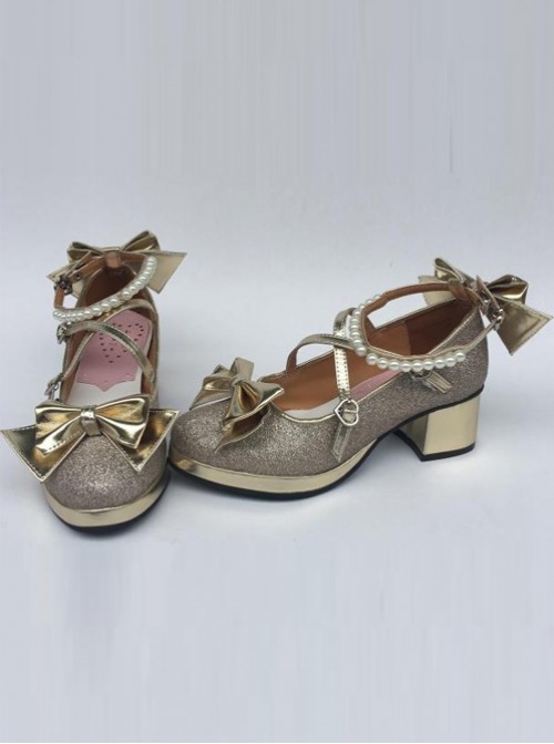 Pearl Strand Gold Bowknot Lolita High Heel Shoes