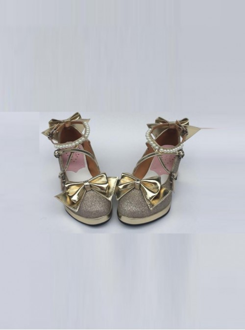 Pearl Strand Gold Bowknot Lolita High Heel Shoes