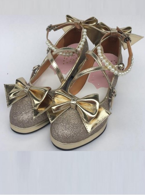 Pearl Strand Gold Bowknot Lolita High Heel Shoes