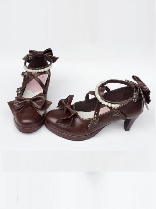 Pearl Strand Chocolate Color Bowknot Lolita High Heel Shoes