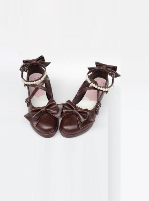 Pearl Strand Chocolate Color Bowknot Lolita High Heel Shoes