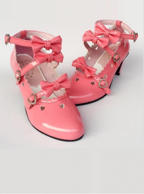 Hollow Out Heart-shaped Watermelon Red Mirror Face Bowknot Lolita High Heel Shoes