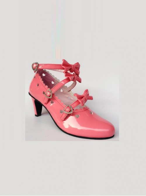 Hollow Out Heart-shaped Watermelon Red Mirror Face Bowknot Lolita High Heel Shoes