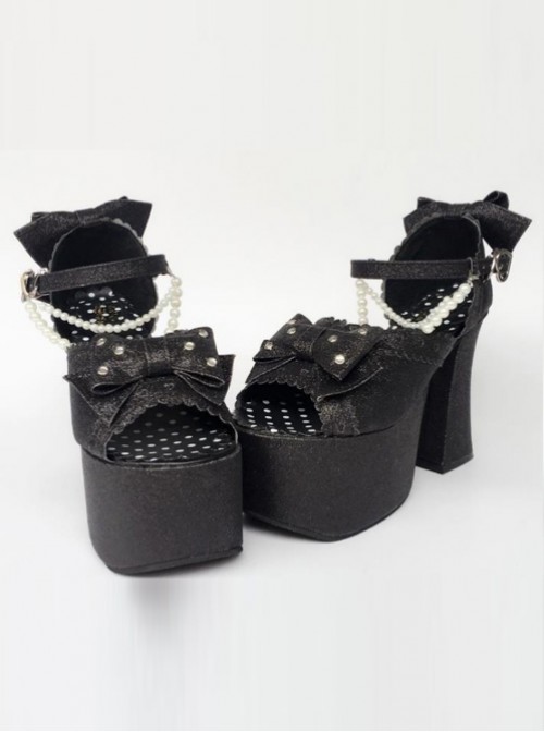 Bead Chain Black Sequins Bowknot Lolita Super High Heel Sandals