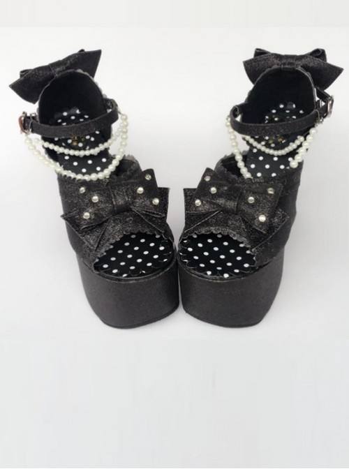 Bead Chain Black Sequins Bowknot Lolita Super High Heel Sandals